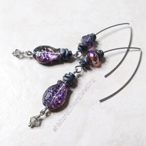 Goth + Beachy! Sea Life Earrings! Purple + Black Iridescent Glass Fish Danglers - Picture 3 of 8